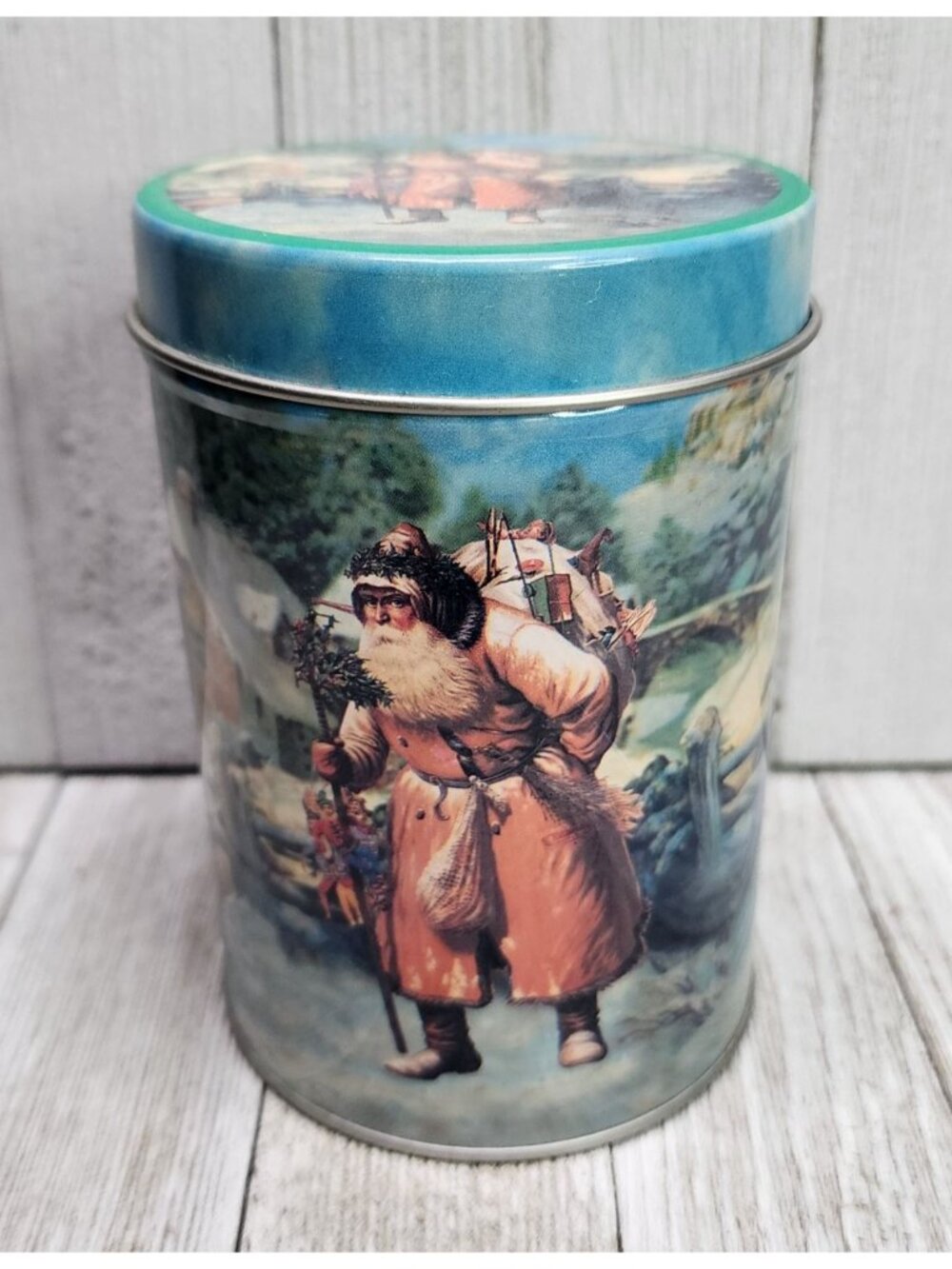 Vintage Christmas Holiday Nesting Tin Container Metal Storage Round 5'' Tall